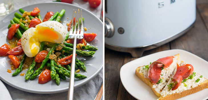 Het idee van een zomerse lunch: toast met zalm en een warme aspergesalade