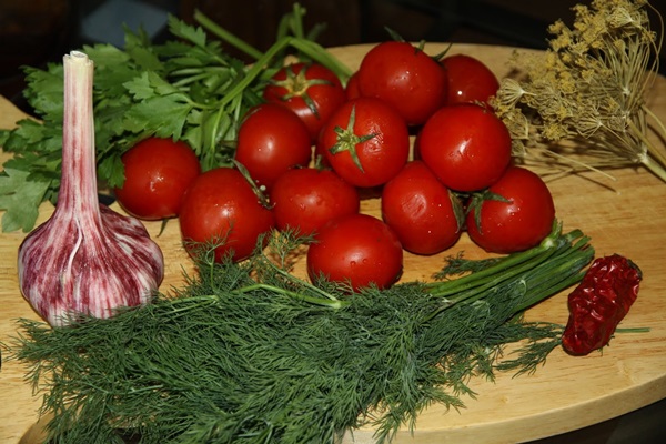 Vers gezouten tomaten in een zak en een pan
