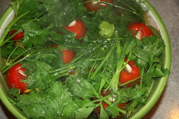 Vers gezouten tomaten in een zak en een pan