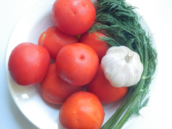Vers gezouten tomaten in een zak en een pan