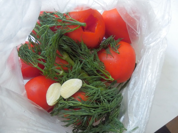 Vers gezouten tomaten in een zak en een pan