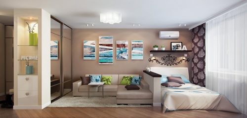 Woonkamer en slaapkamer in één kamer (foto)